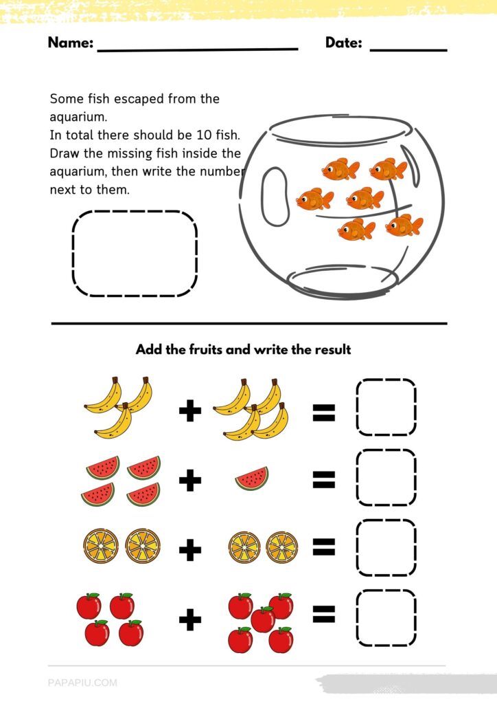 A math worksheet for children that shows some fish escaped from the aquarium. The child is asked to draw the missing fish inside the aquarium and write the number next to them.